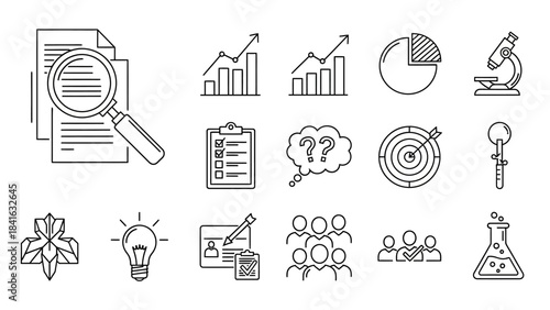 Line Art Icon Set Representing Business Analysis Strategy and Scientific Research Tools