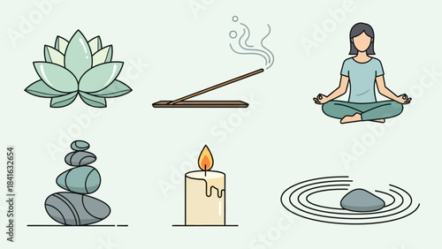 Zen atmosphere illustration with meditation items, lotus flower and incense stick for relaxation