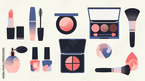 Stylized vector illustration showcasing an array of cosmetic products in delicate pastel colors