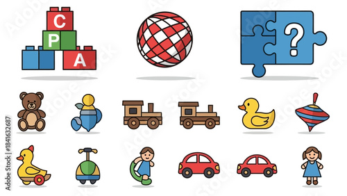 Collection of various vector cute children's toys in vibrant colors, simple design for educational