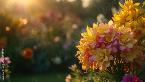 Fototapeta Naklejka Na Ścianę i Meble -  Brightly colored garden flowers at dawn suited for nature photography backdrops