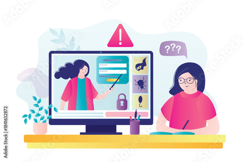 Teacher talking about cyber security on online lesson. Female student looking video about computer protection from scams, viruses, and hacker attacks.