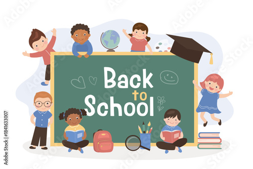 Multiethnic schoolboys and schoolgirls, school supplies and tools, start of school year. Back to school banner on chalkboard. Different kids students. Education
