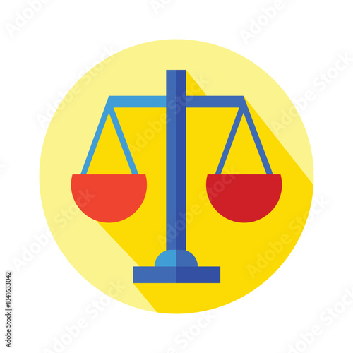 Flat design icon of a blue and red balance scale on a yellow circle background