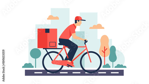 Courier service worker riding bicycle with package in urban illustration scenery