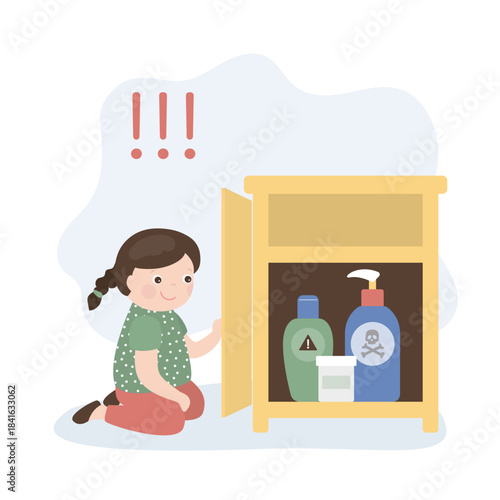 Small child playing household chemicals dangerous. Cute little girl playing with hazardous substances, kid in dangerous situation on a white background.