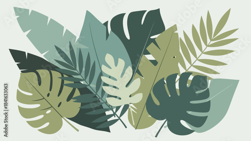 Stylized jungle foliage arrangement with muted teal and olive green tones creating a fresh,