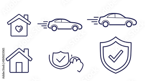 Minimalist icons representing property and automotive protection with homes and cars