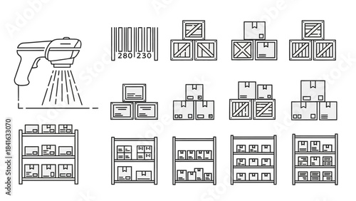 Illustration showcases logistics elements with scanner, barcode, crates and shelving unit