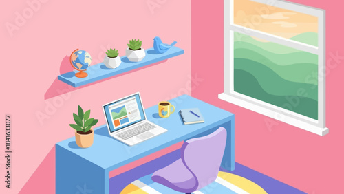 A serene workspace interior with a laptop, plants, and a view of nature provides comfortable