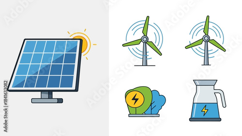 Iconography showcasing diverse renewable energy sources and efficient power distribution