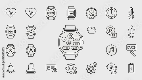 Smartwatch function icons for design interface and user experience concept collection of various