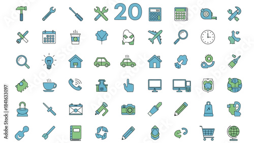 Collection of two-tone outlined icons representing various objects and concepts for multimedia