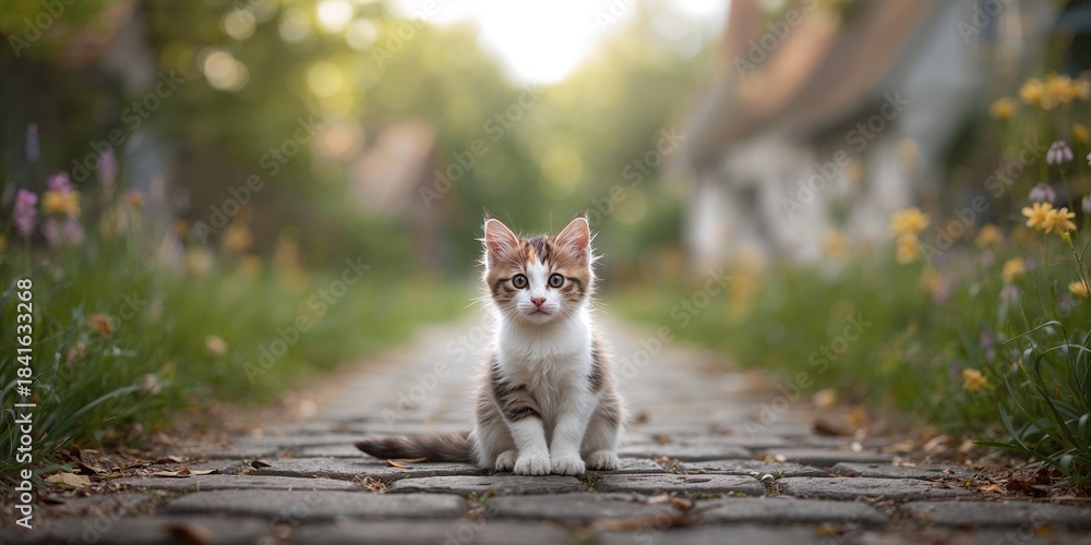 Fototapeta premium Small kitten outside in village, rural outdoor environment