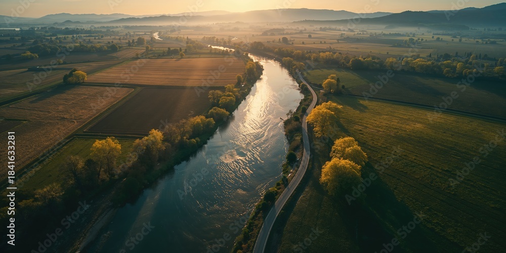 Naklejka premium Bird's eye perspective of a tiny river winding through greenery, highlighting seasonal change, Earth Day