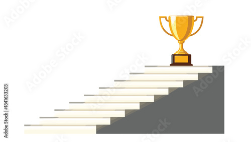 A gold trophy sitting atop a staircase leading upwards to success and achievement