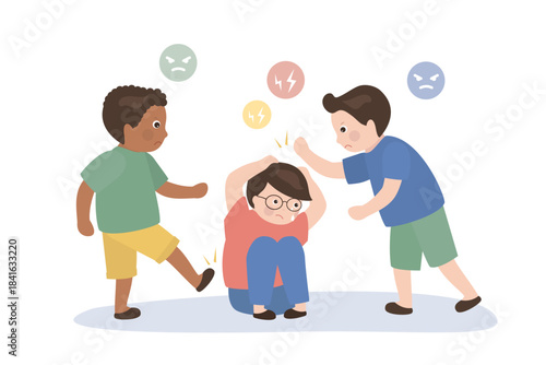 Boys fighting. Domestic violence scene. School Boys bullying and beating kid. Unhappy crying boy sitting on floor. Multi ethnic male characters bully a classmate.