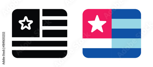 Two stylized flag icons one black and white the other colorful