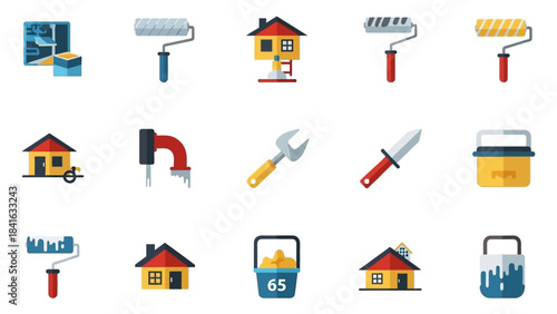 Flat style icons representing home improvement, construction, and general building tools and