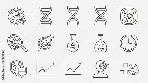 A collection of conceptual line icons showcasing biomedical, healthcare, and research applications