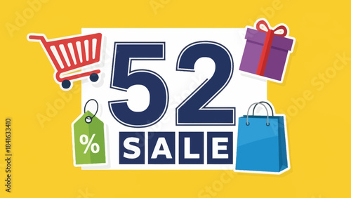 Promo announcement showcasing fifty-two percent sale discount with retail elements around the design