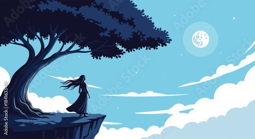 Silhouette of a woman with long flowing hair standing on a cliff under a large tree looking at the full moon in a night sky.