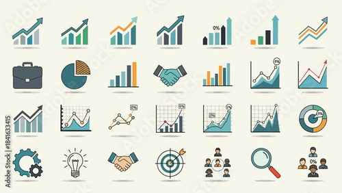 Collection of colorful vector icons for business, finance, and statistical analysis, ideal for