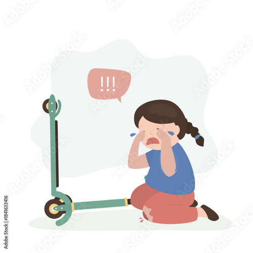 Little girl crying from broken knee from falling off scooter. Cartoon scene with cute girl crying from pain of trauma and fear, design isolated on white background.