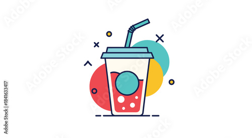 Modern flat line icon of a soda or soft drink in a disposable cup with a lid and straw against a colorful background.
