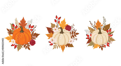 Collection of three lovely autumn compositions with orange and white pumpkins fall leaves flowers and rose hips for seasonal decor.