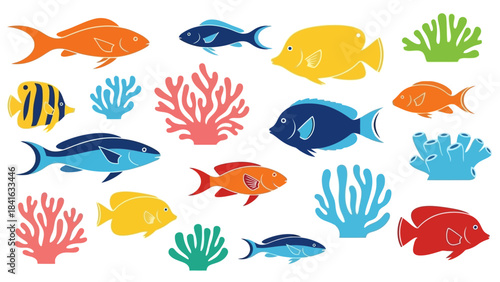 Colorful aquatic life seamless pattern with various tropical fish and vivid corals creating an