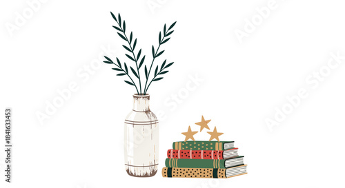 Cozy still life illustration of a stack of books with star bookmarks next to a rustic vase with a green plant inside.