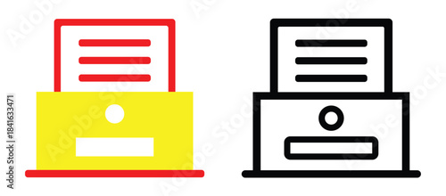 Two icons representing a printer or photocopier machine in color and outline