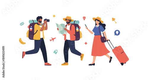 Group of diverse young friends with backpacks and luggage happily traveling together on a vacation adventure with various travel icons.
