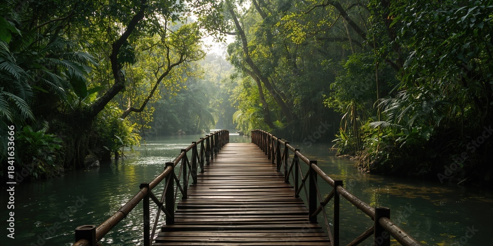 Obraz premium Bridge over a river in a Balinese jungle, eco-architecture for sustainable tourism