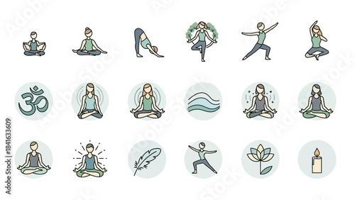 Collection of Wellness Yoga Poses and Spiritual Icons for Calmness and Mindfulness