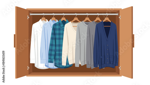 Open wooden wardrobe closet with various colorful shirts hanging on hangers inside