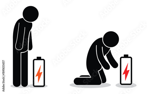 Stick figures showing low energy and a depleted battery icon