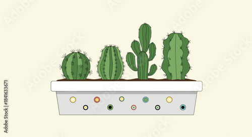 Hand-drawn illustration of four different types of cacti planted together in a long decorative pot with a colorful pattern.