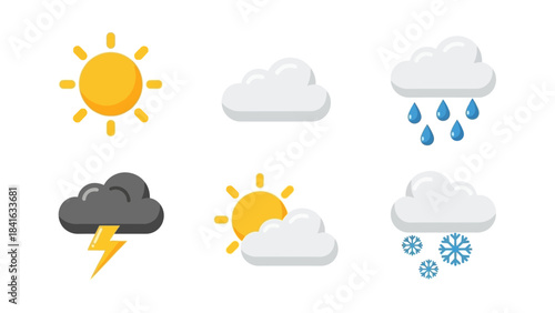 Stylized weather icons illustration representing sun, cloud, rain, thunder, partly cloudy, and