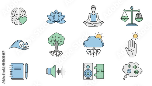 Collection of wellness icons representing emotional, physical, and mental health balance