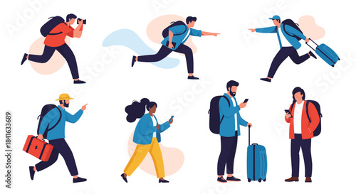 A diverse collection of seven travelers and tourists in various dynamic poses such as running walking and taking photos.