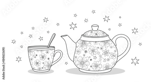 Black and white coloring page style illustration of a teapot and a teacup with a floral pattern and stars in the background.