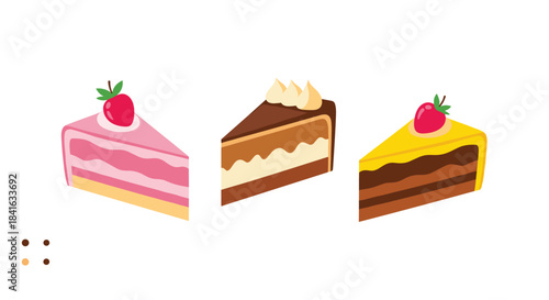 Set of three delicious slices of cake including strawberry chocolate and mango flavors isolated on a clean white background.