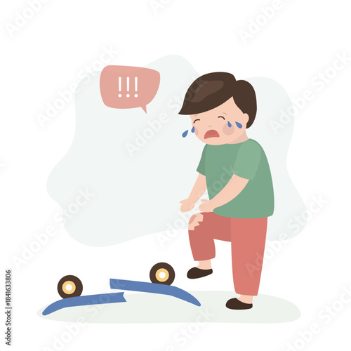 Little kid crying from broken knee from falling off skateboard. Cartoon scene with cute boy crying from pain of trauma and fear, design isolated on white background.