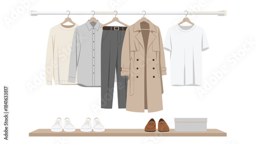 Clothing and shoes on hangers and shelf