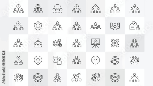 Modern collection of clean vector line icons representing business organization, team hierarchy, management, and collaborative process structures