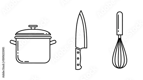 Kitchen utensils outline illustration featuring a pot, knife, and whisk presented in a minimalist