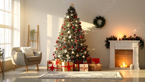 Festive chrismas tree with gift boxes in living room box