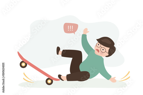 Little boy falling off skateboard. Cartoon scene with cute kid have mistake and loss control of skate, fear, trauma, design isolated on white background.
